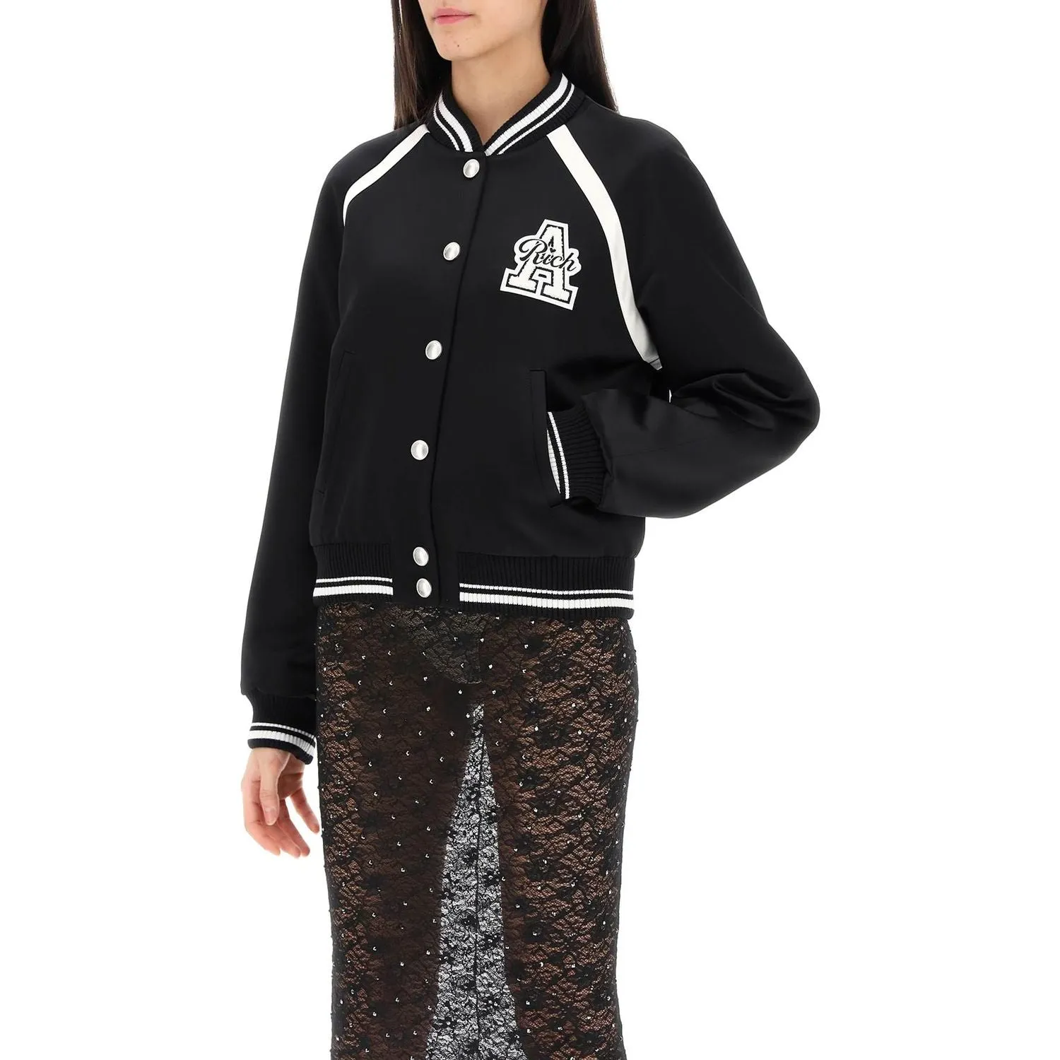 Alessandra Rich satin bomber jacket with logo patch