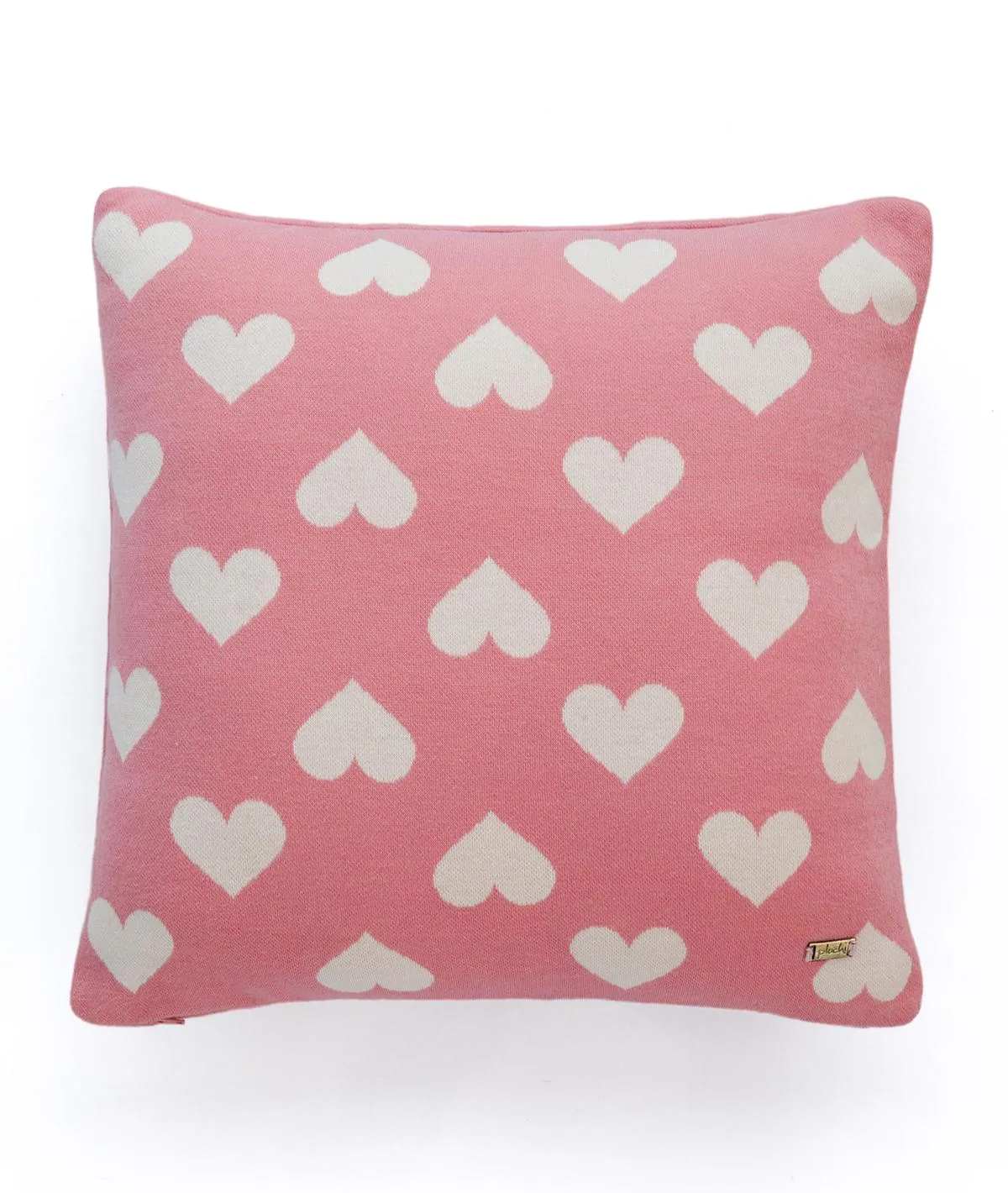 All Over Hearts Cotton Knitted Decorative Blossom & Natural Color 16 x 16 Inches Cushion Cover