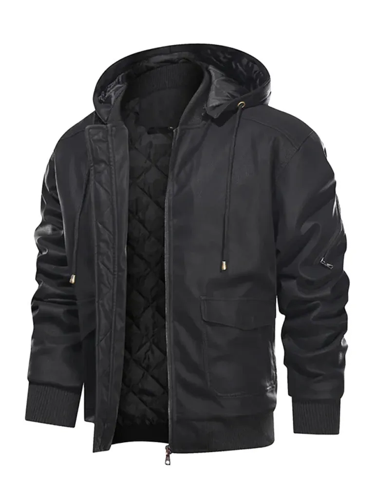 Black Bomber Style Hooded Leather Jacket