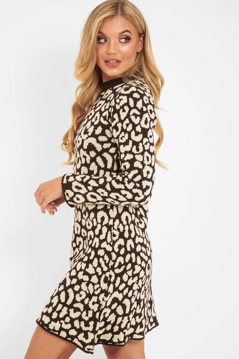 Brown Leopard Print Knitted Jumper Dress - Kamarie