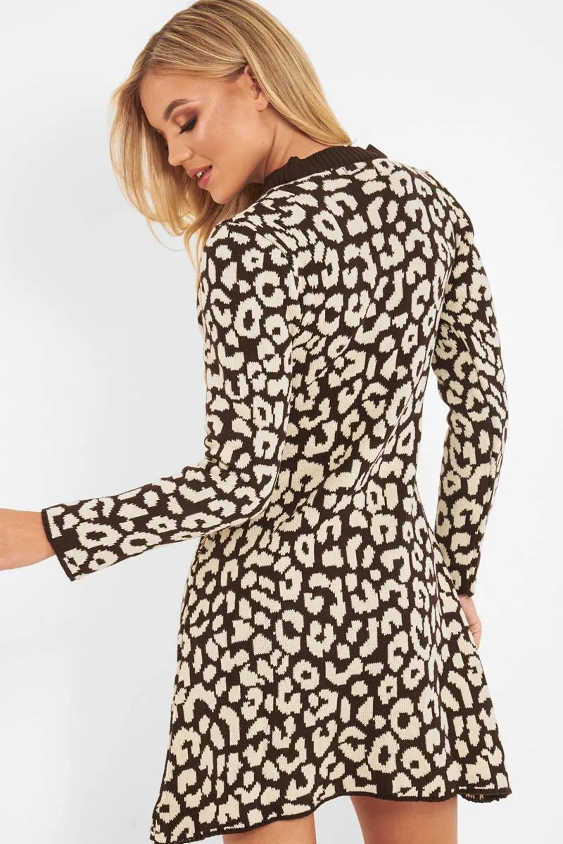 Brown Leopard Print Knitted Jumper Dress - Kamarie