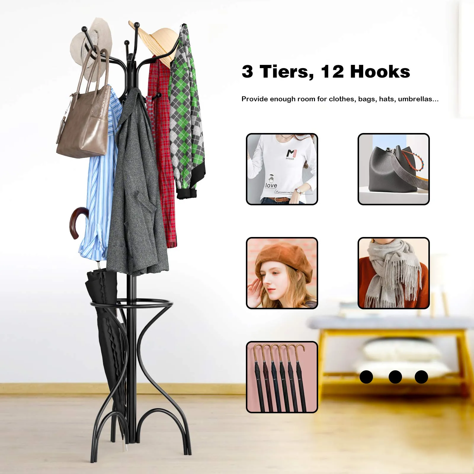 Coat Rack Metal Frame Study Portable Free Standing Entryway Hat Coat Jacket Umbrella Holder