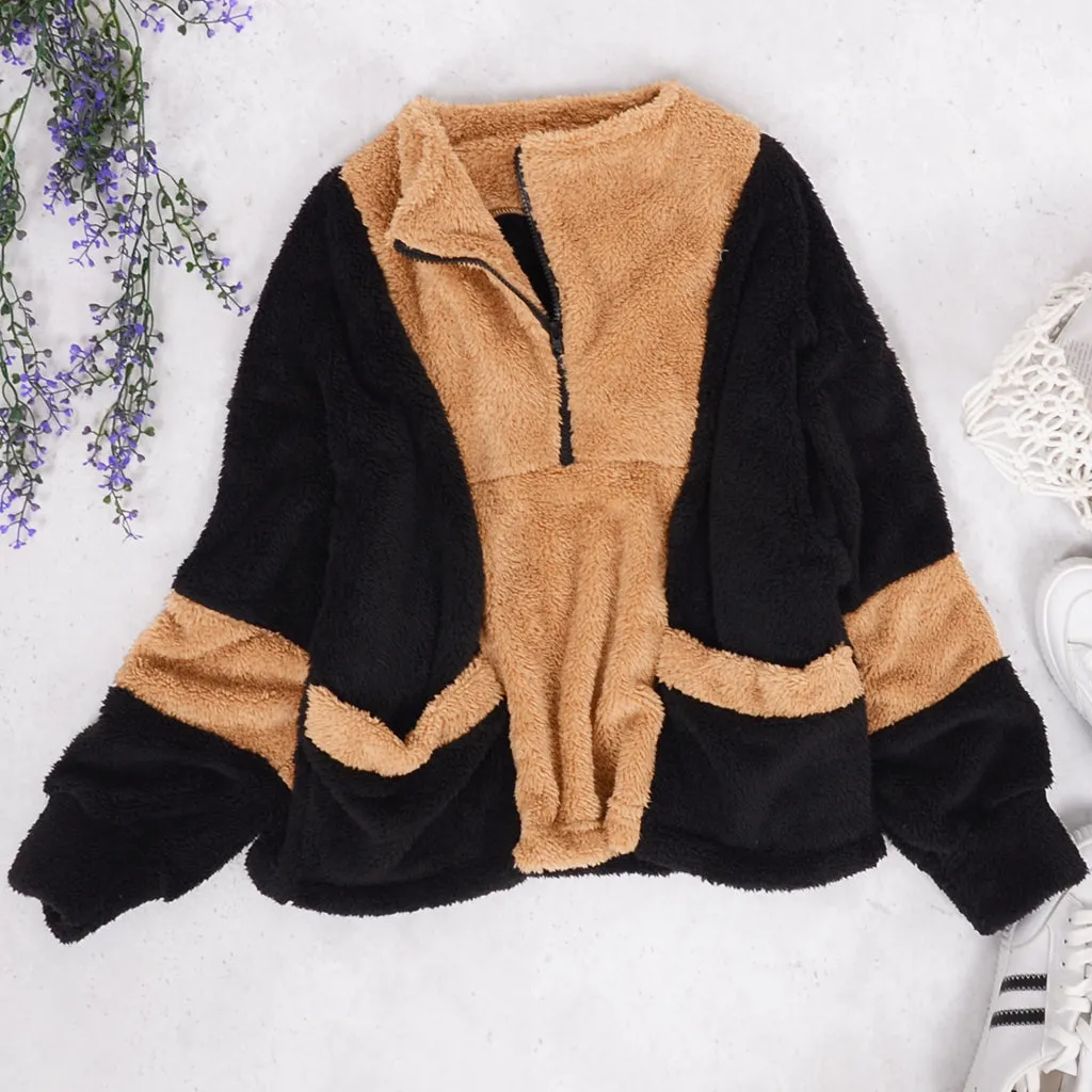 Color Block Teddy Zip Up Sweater