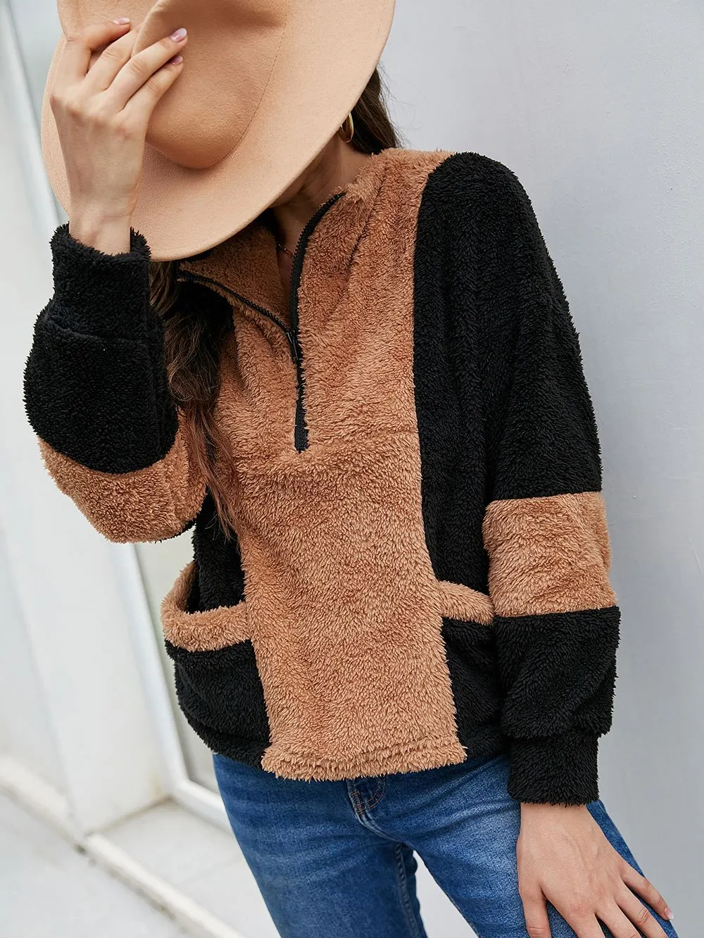 Color Block Teddy Zip Up Sweater