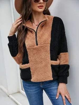 Color Block Teddy Zip Up Sweater