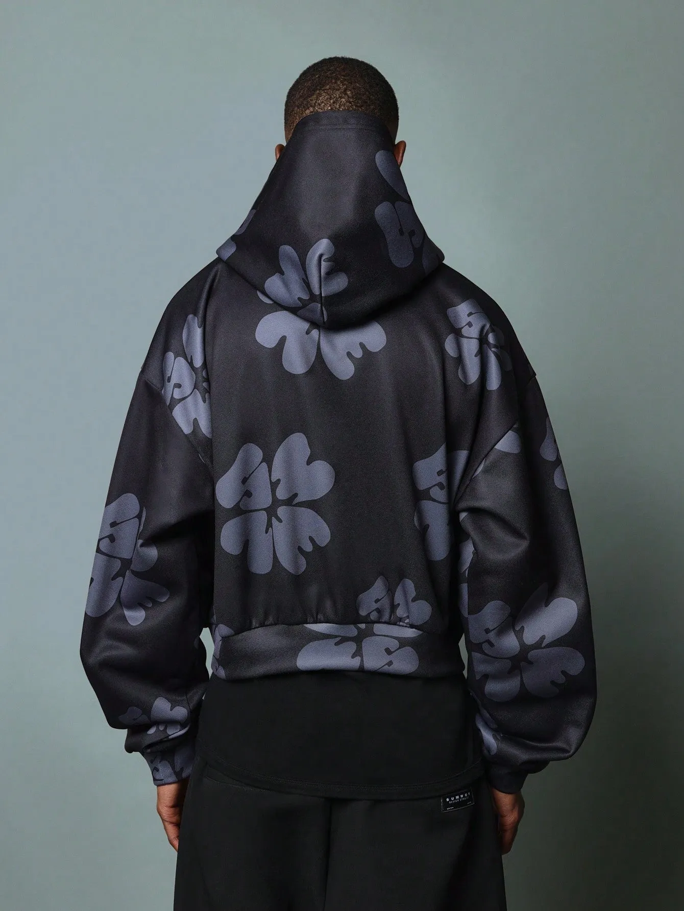 Crop Fit Floral Printed Overhead Hoodie With Drawstrings