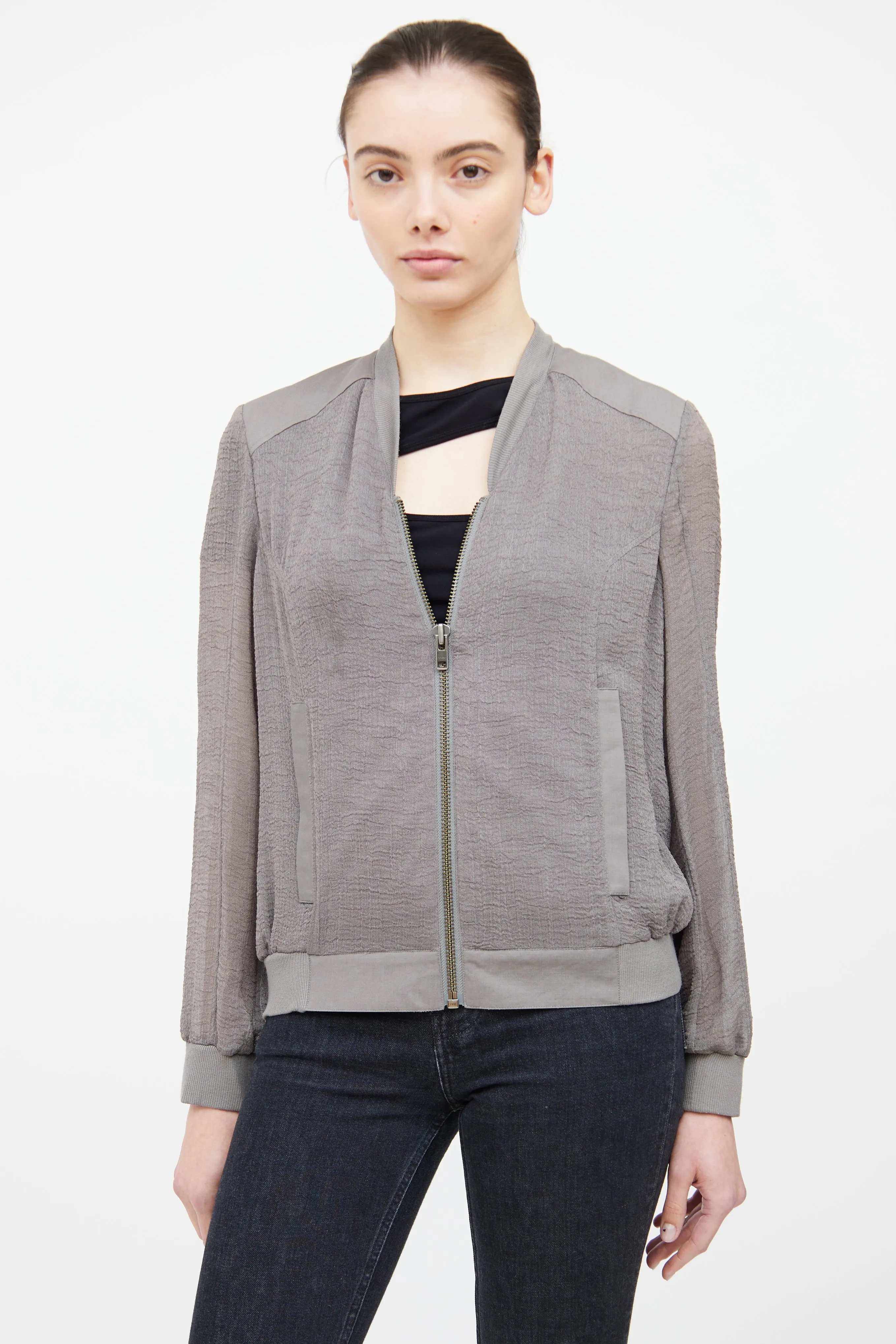 Grey Textured Bomber Jacket