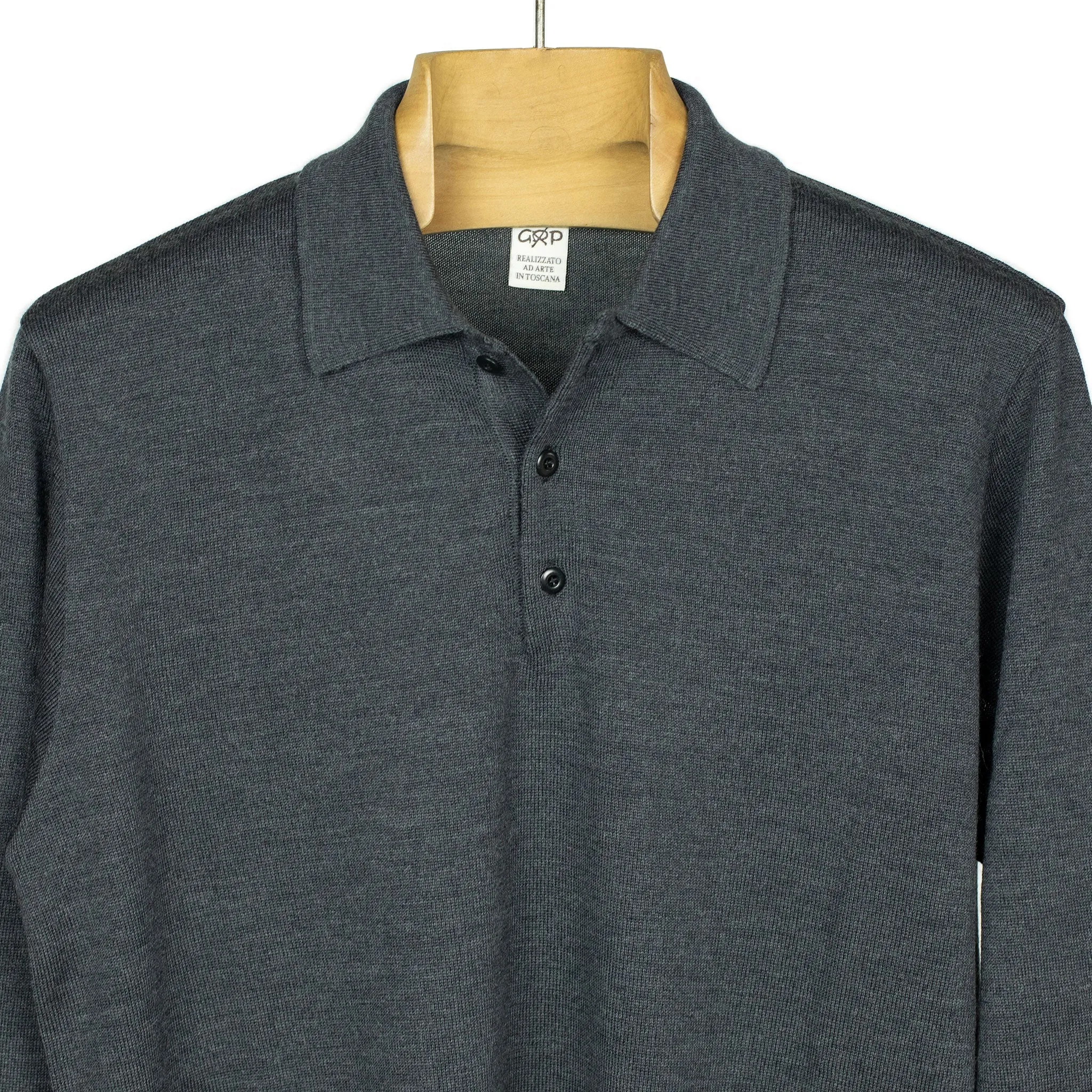 Knit long sleeve polo in Charcoal grey merino wool (restock)