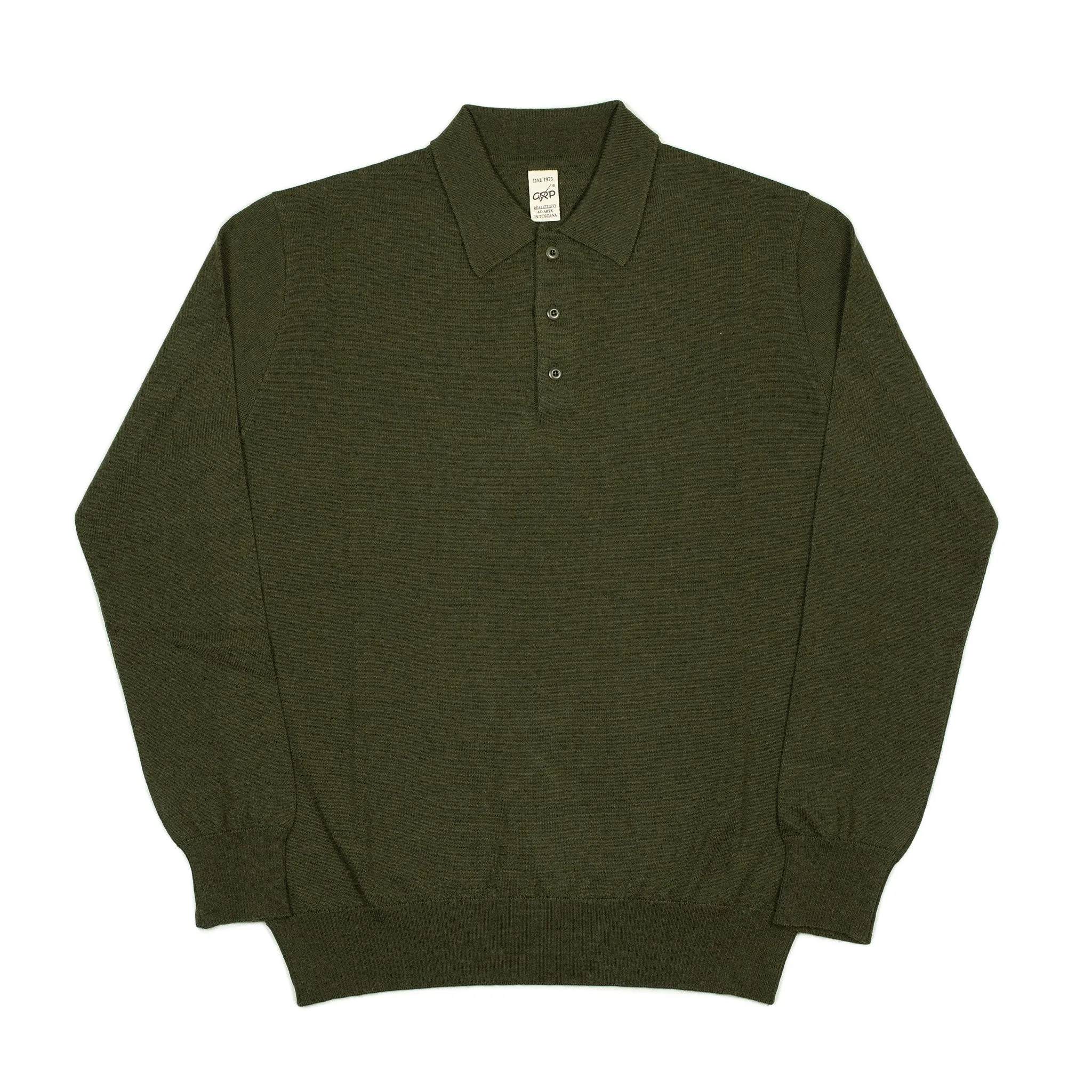 Knit long sleeve polo in deep green merino wool (restock)