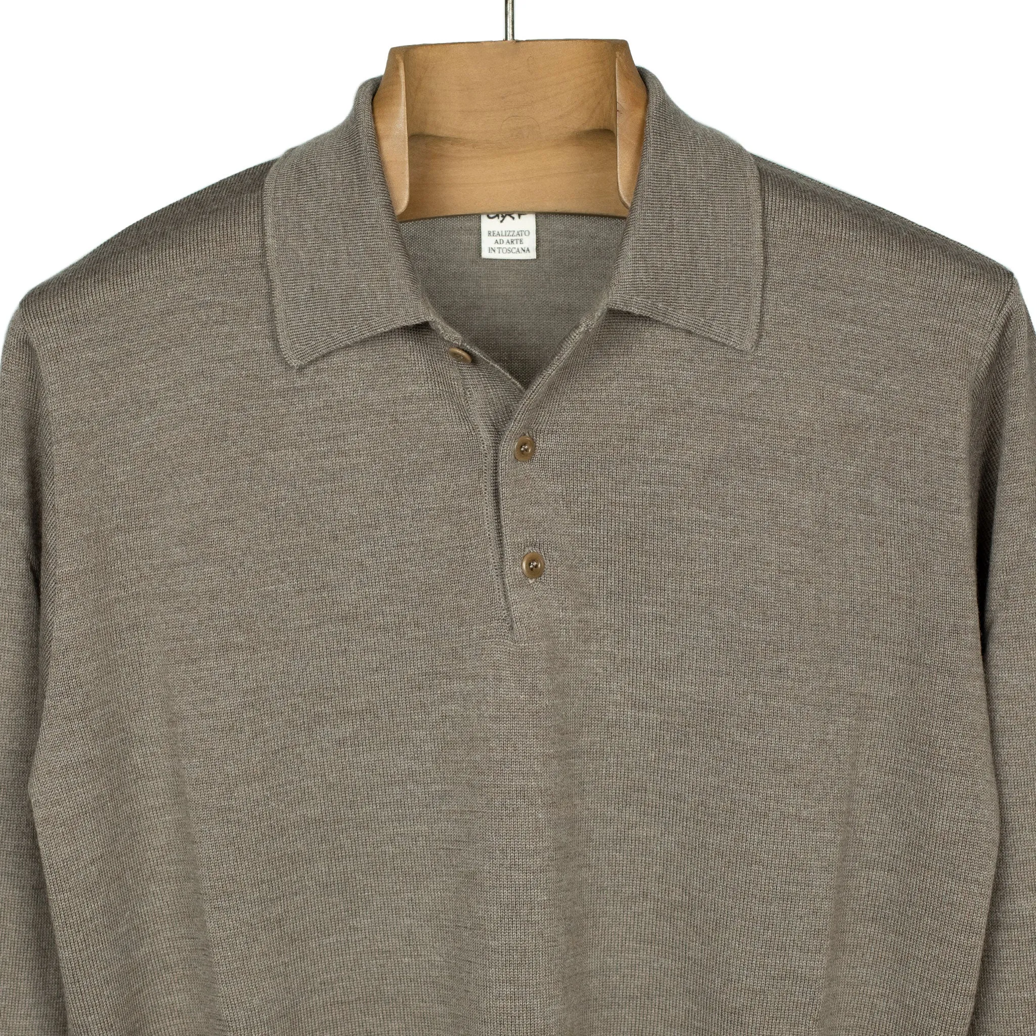 Knit long sleeve polo in fangio taupe merino wool (restock)