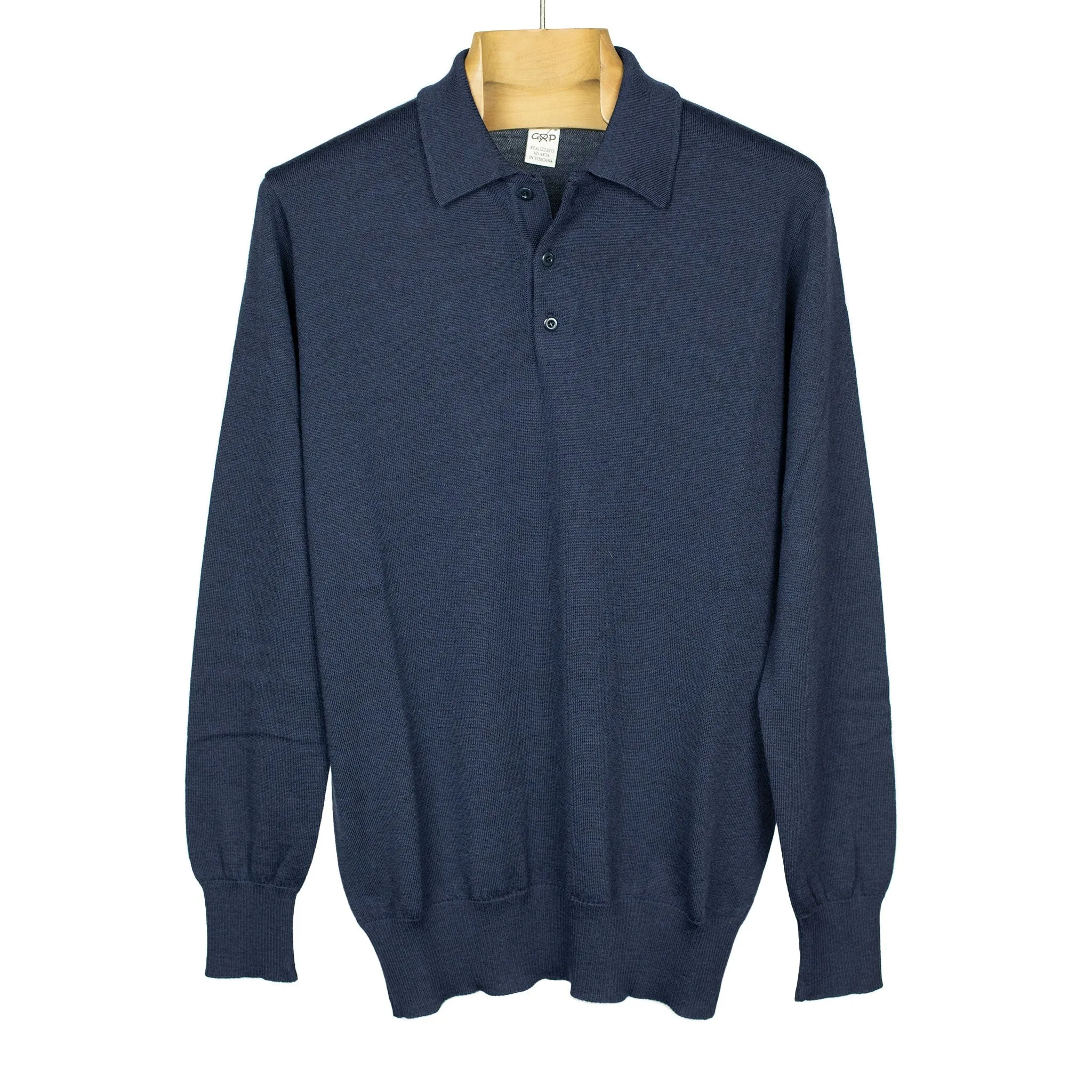 Knit long sleeve polo in navy merino wool (restock)