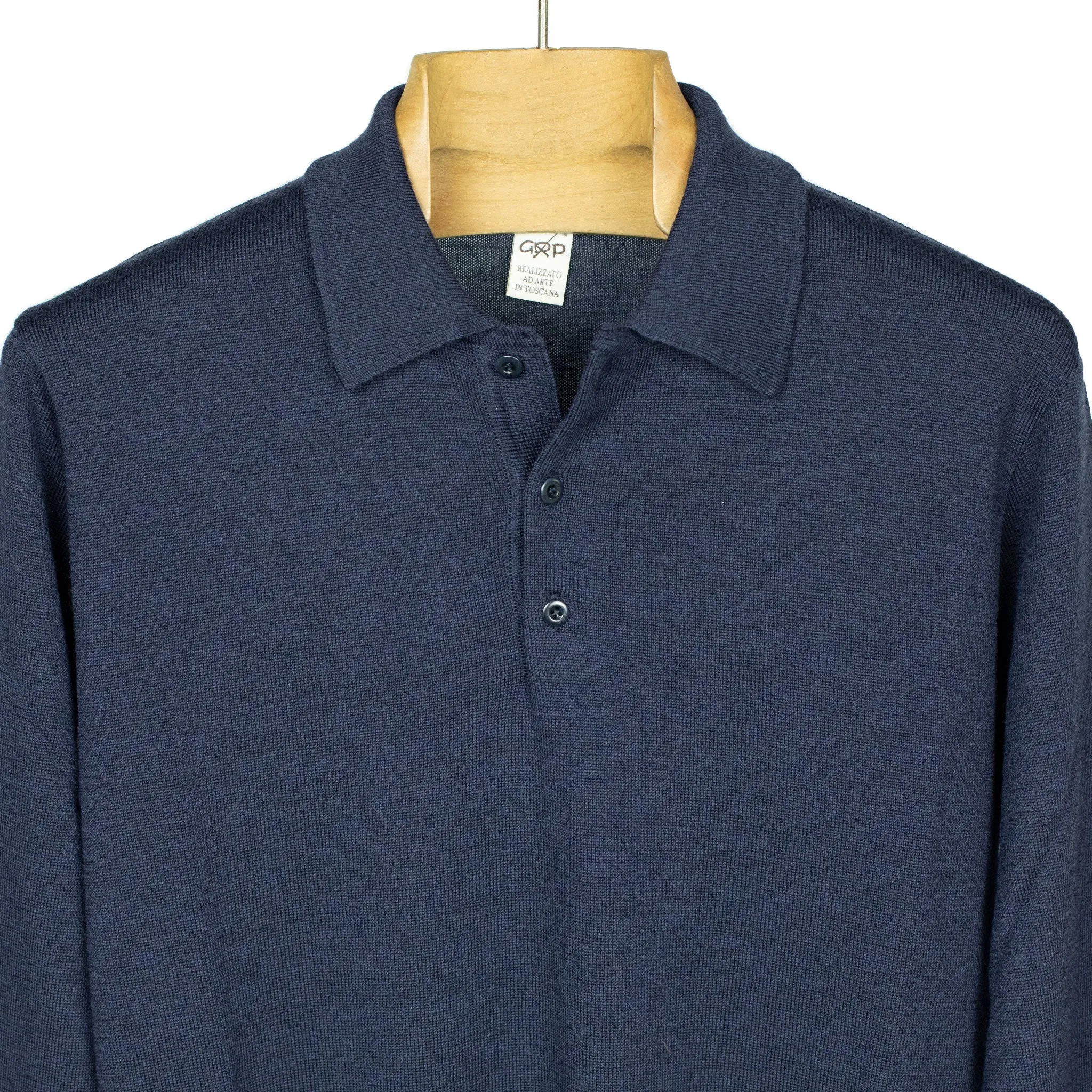 Knit long sleeve polo in navy merino wool (restock)