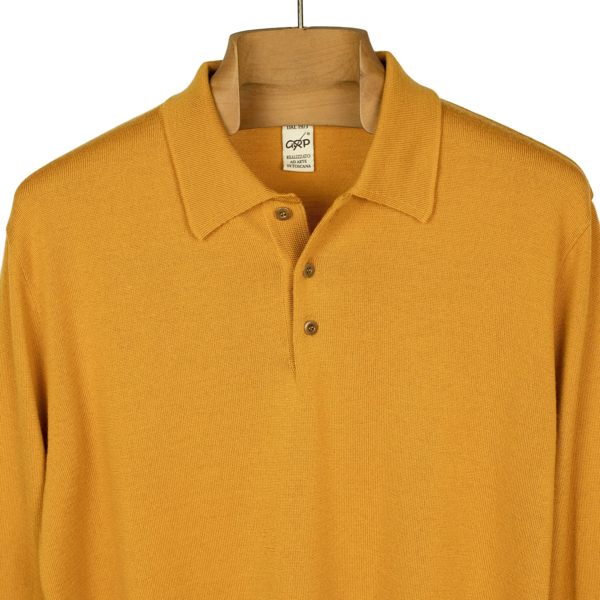 Knit long sleeve polo in ochre merino wool (restock)