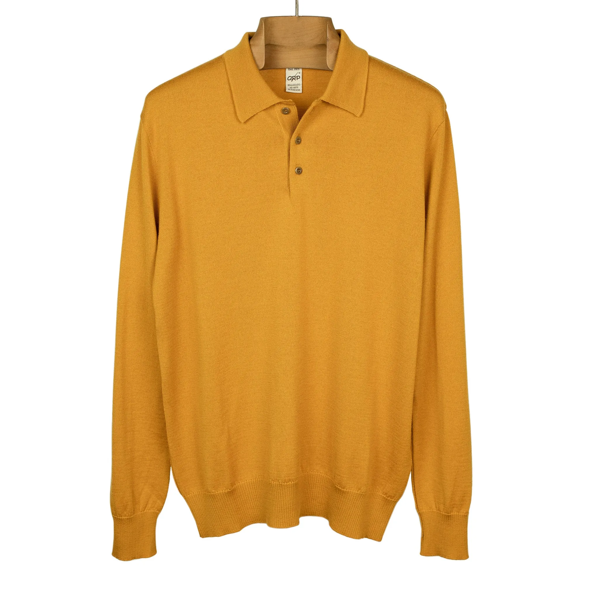 Knit long sleeve polo in ochre merino wool (restock)