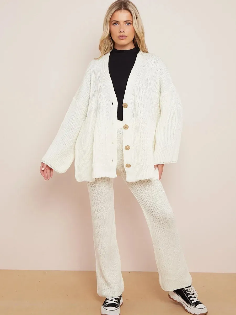 Knitted Drop Shoulder Buttoned Cardigan & Wide Leg Trouser Co-ord