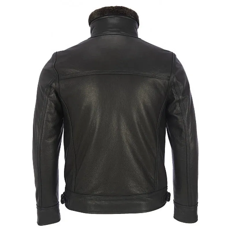 Leather Bomber Jacket With Detachable Faux Fur Collar