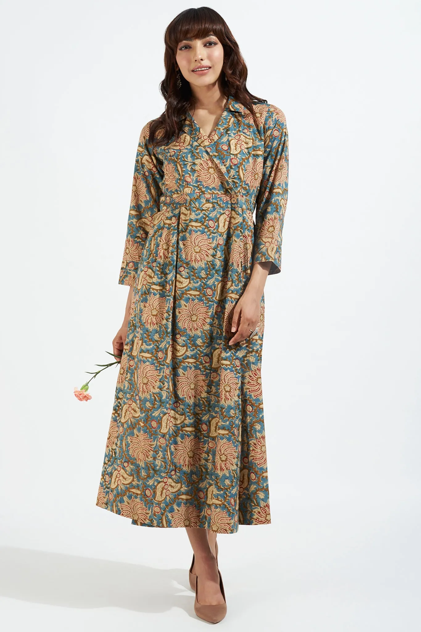 long trench dress - indigo melodies & vintage florals