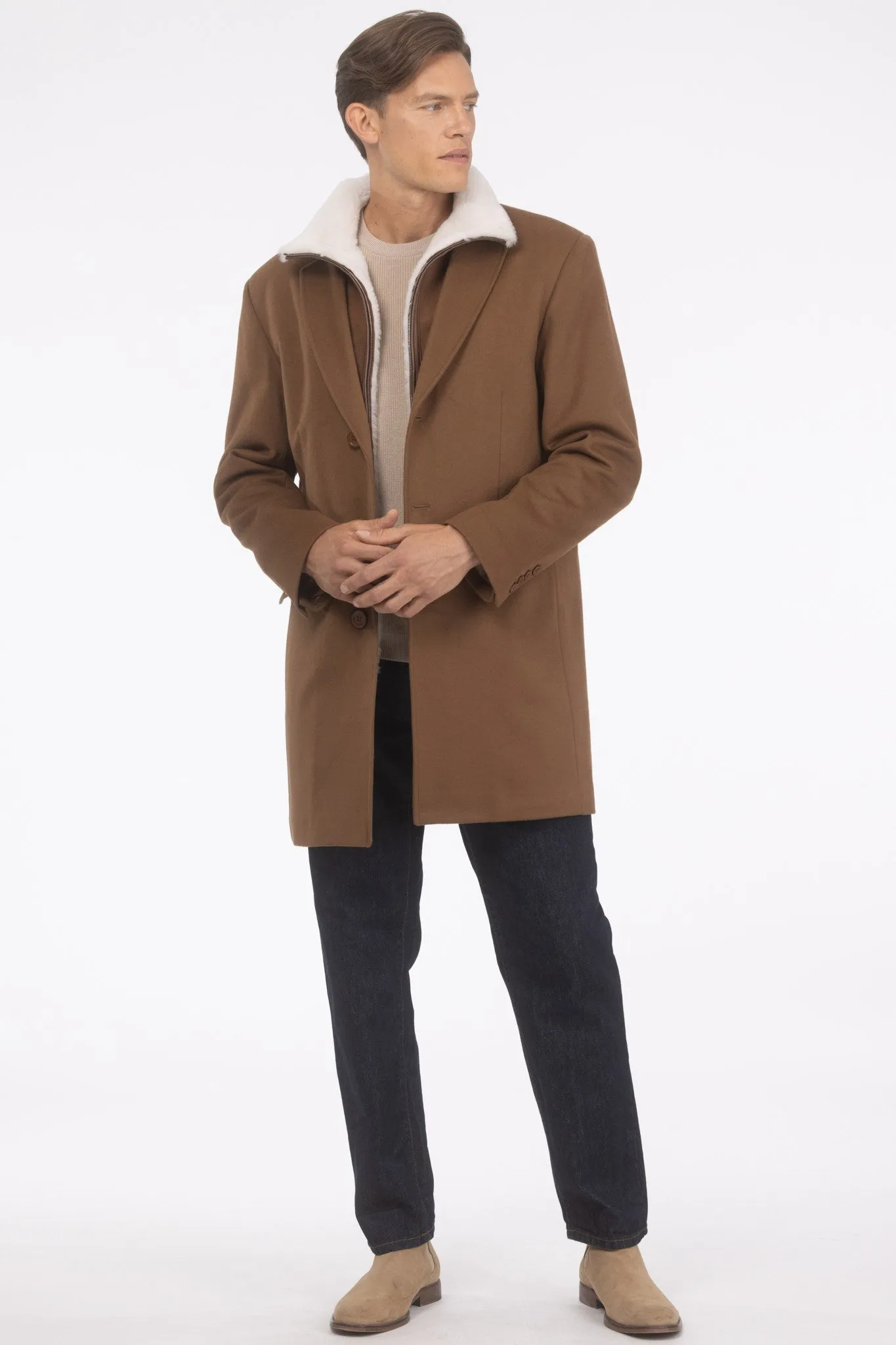 Men's Loro Piana Wool Short Coat with Merino Shearling Lamb Trim