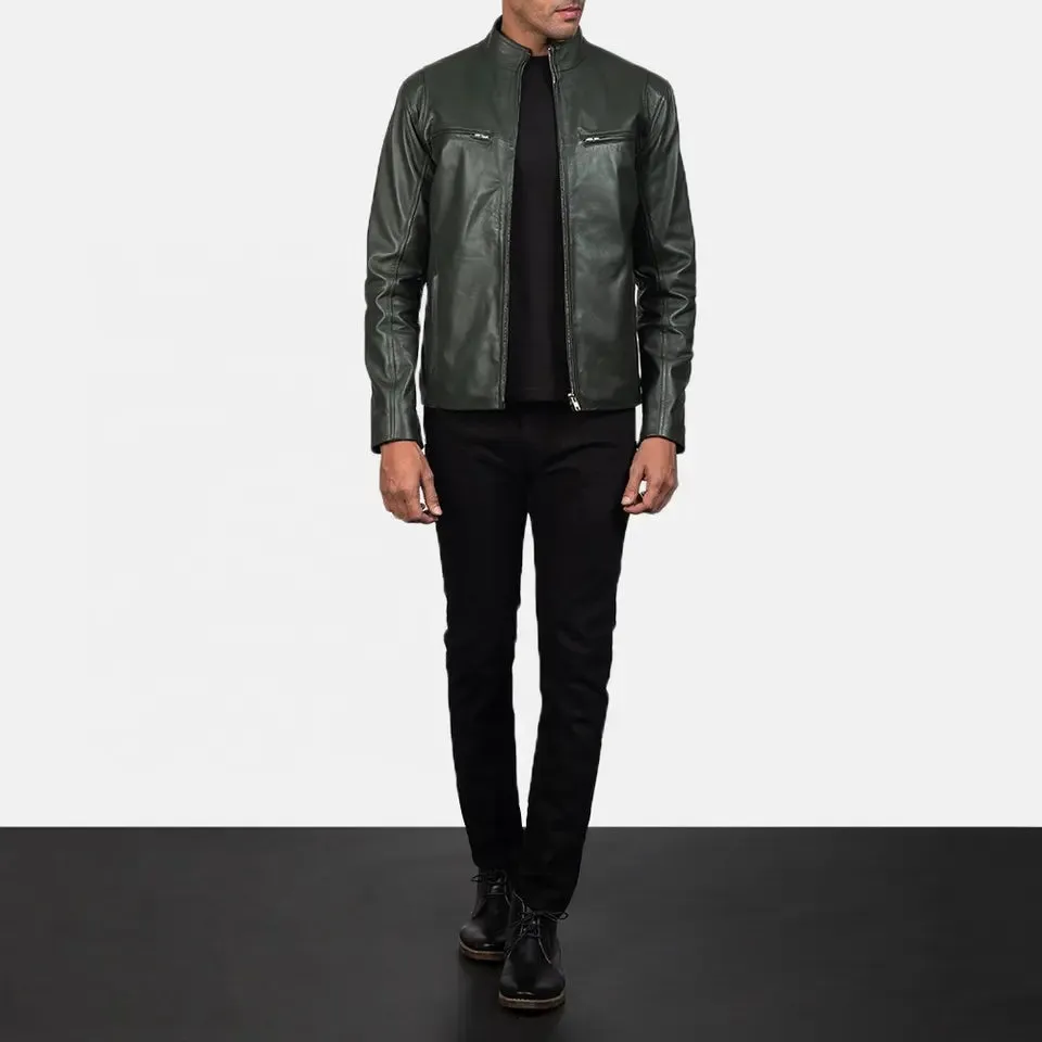 Mens Olive Green Leather Biker Jacket