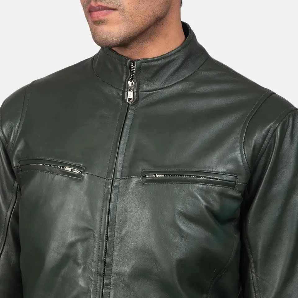 Mens Olive Green Leather Biker Jacket