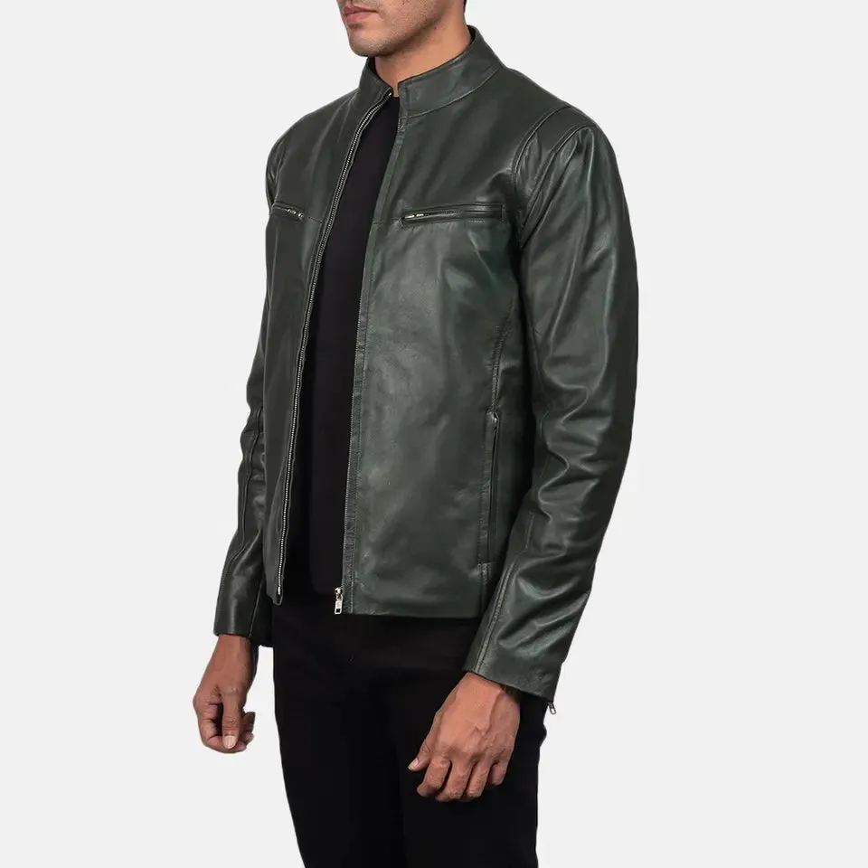 Mens Olive Green Leather Biker Jacket