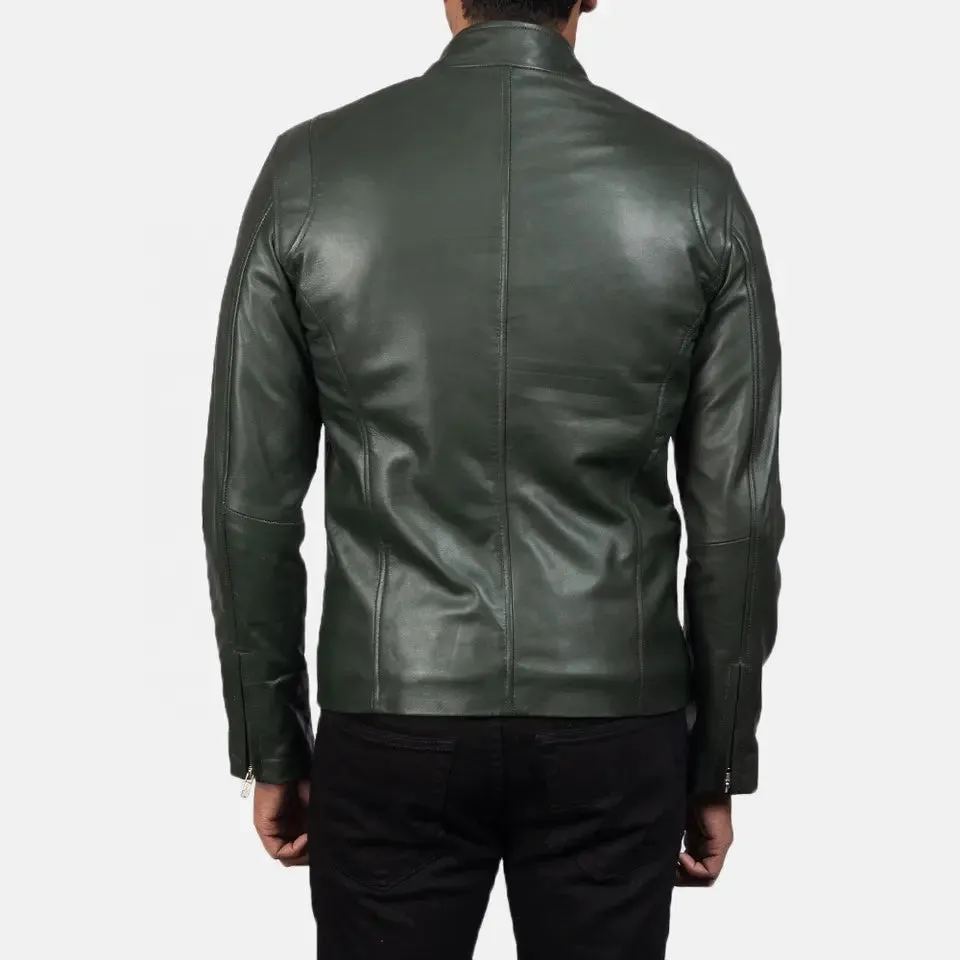 Mens Olive Green Leather Biker Jacket