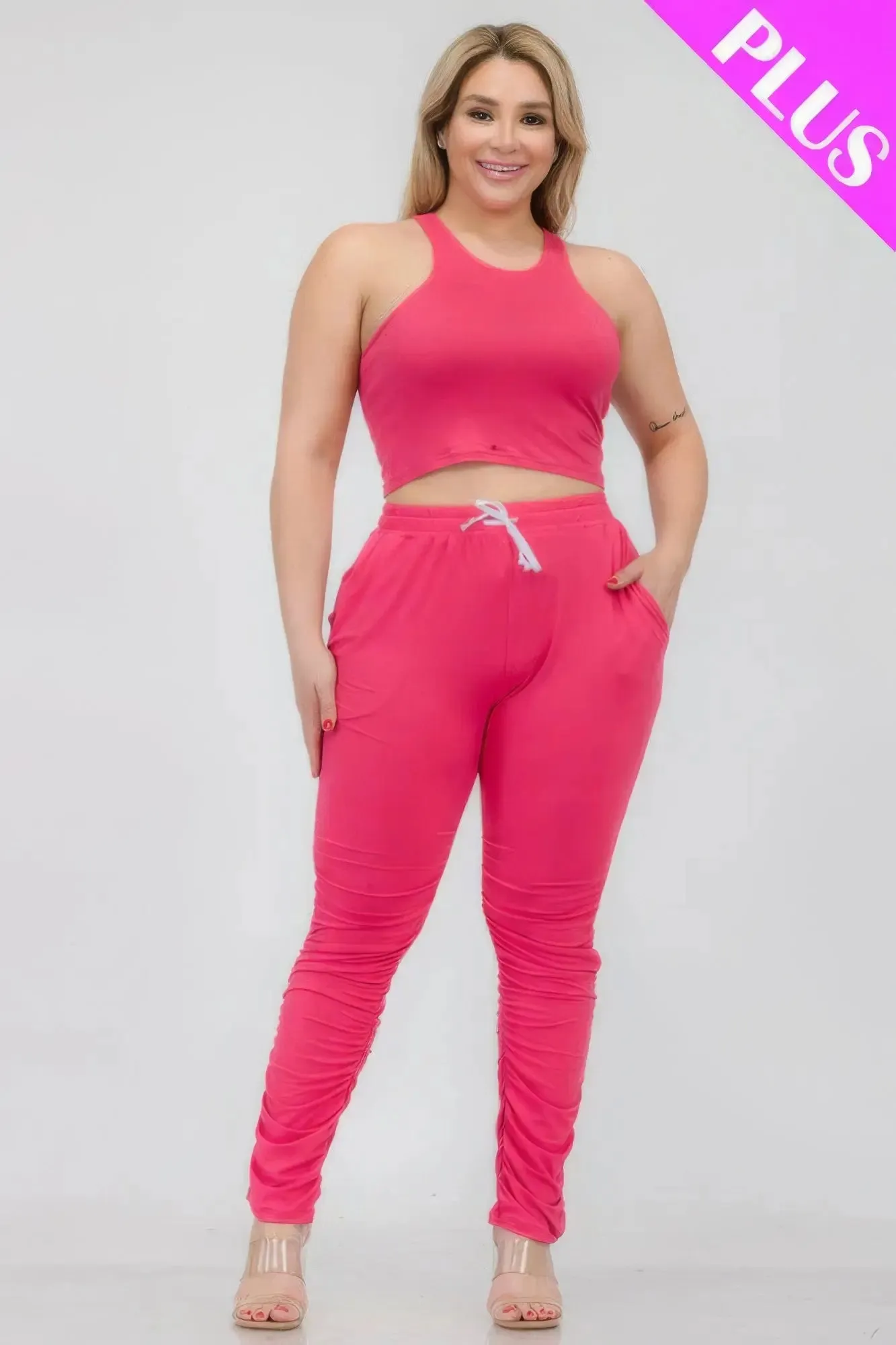 Plus Size Crop Tank Top & Ruched Pants Set