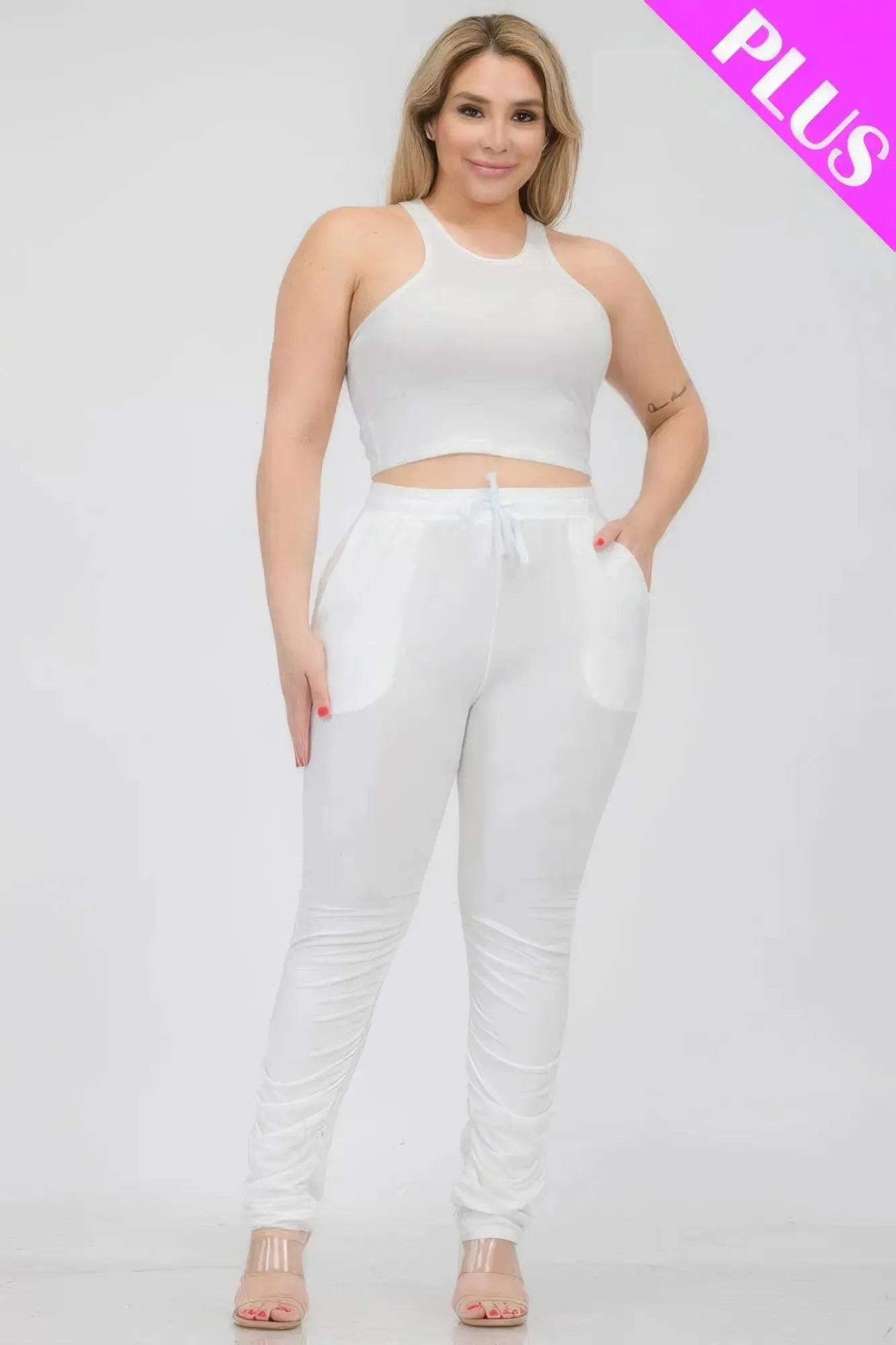 Plus Size Crop Tank Top & Ruched Pants Set