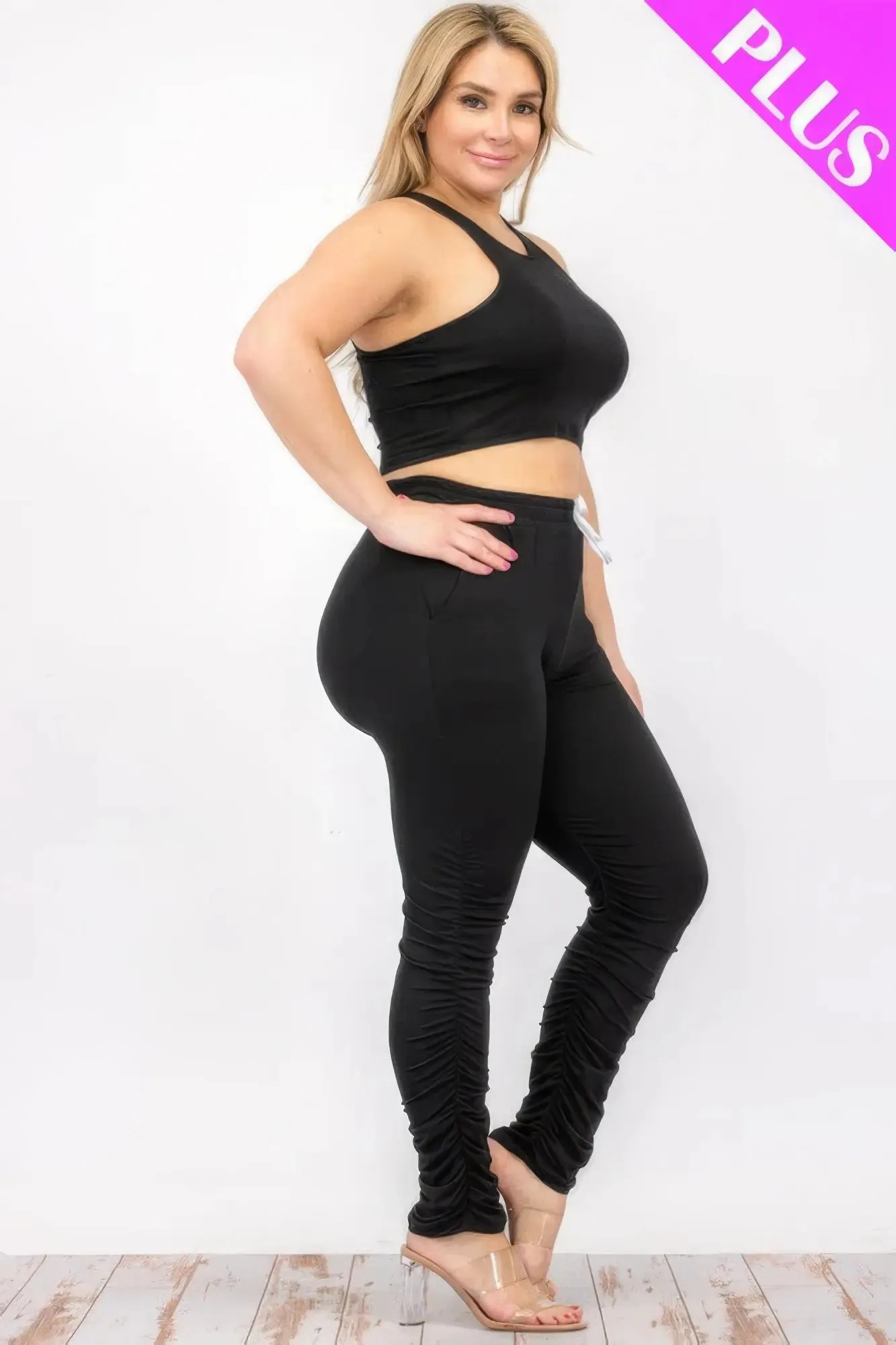 Plus Size Crop Tank Top & Ruched Pants Set