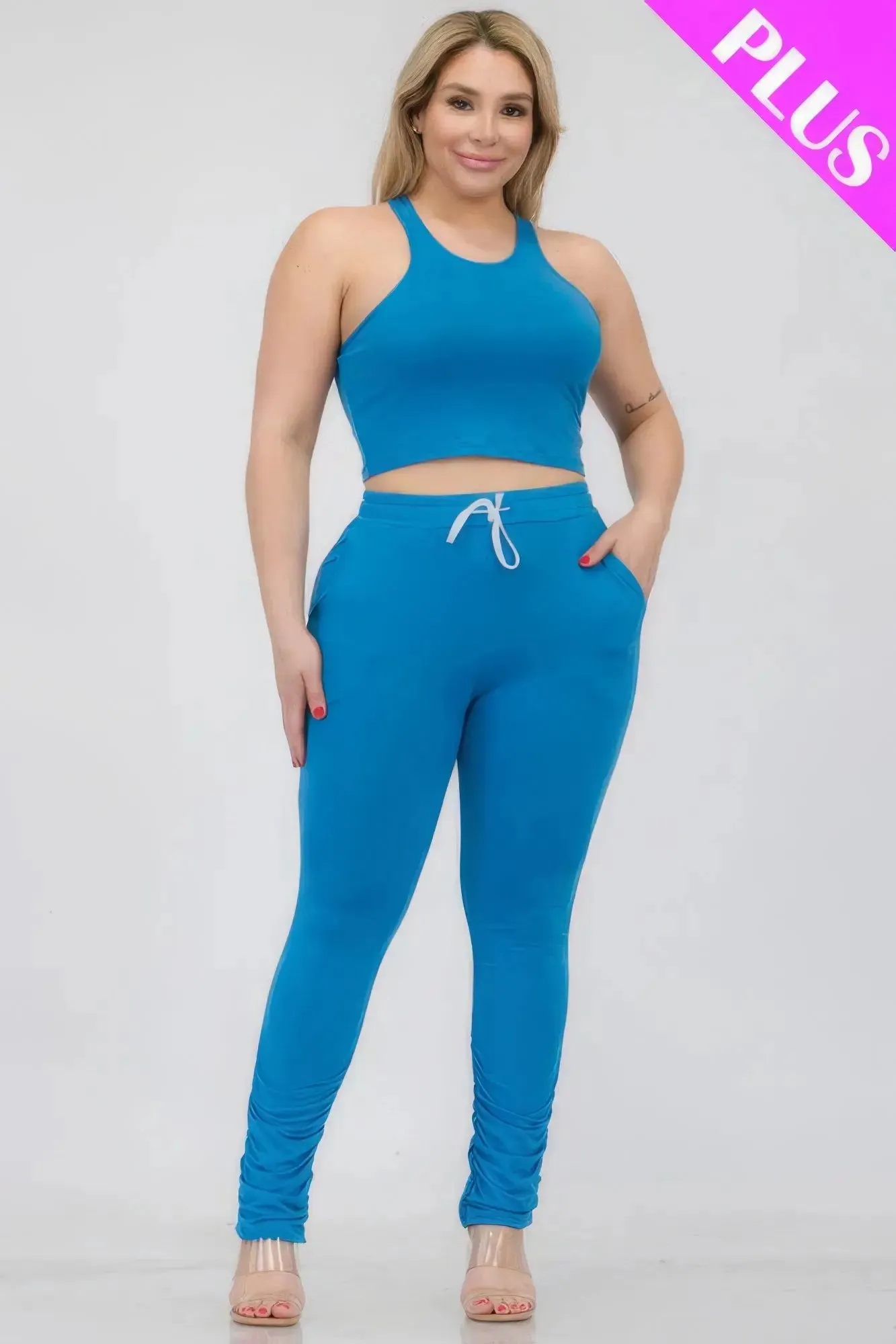 Plus Size Crop Tank Top & Ruched Pants Set