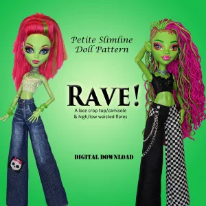 PS Rave! 10.5" Fashion Doll - Crop top camisole and wide leg flare jeans or pants - Downloadable RAD Doll Clothes PDF Sewing Pattern