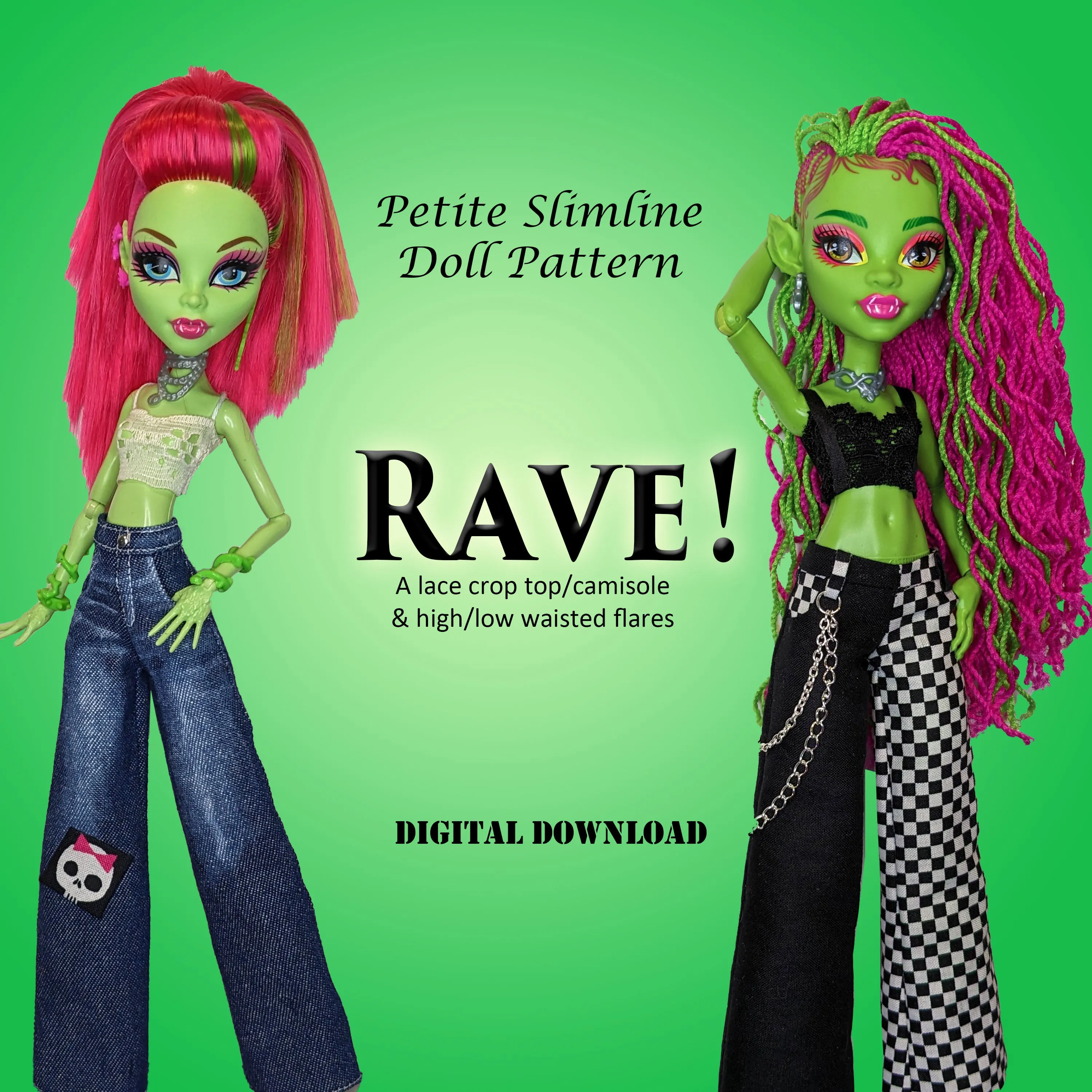 PS Rave! 10.5" Fashion Doll - Crop top camisole and wide leg flare jeans or pants - Downloadable RAD Doll Clothes PDF Sewing Pattern