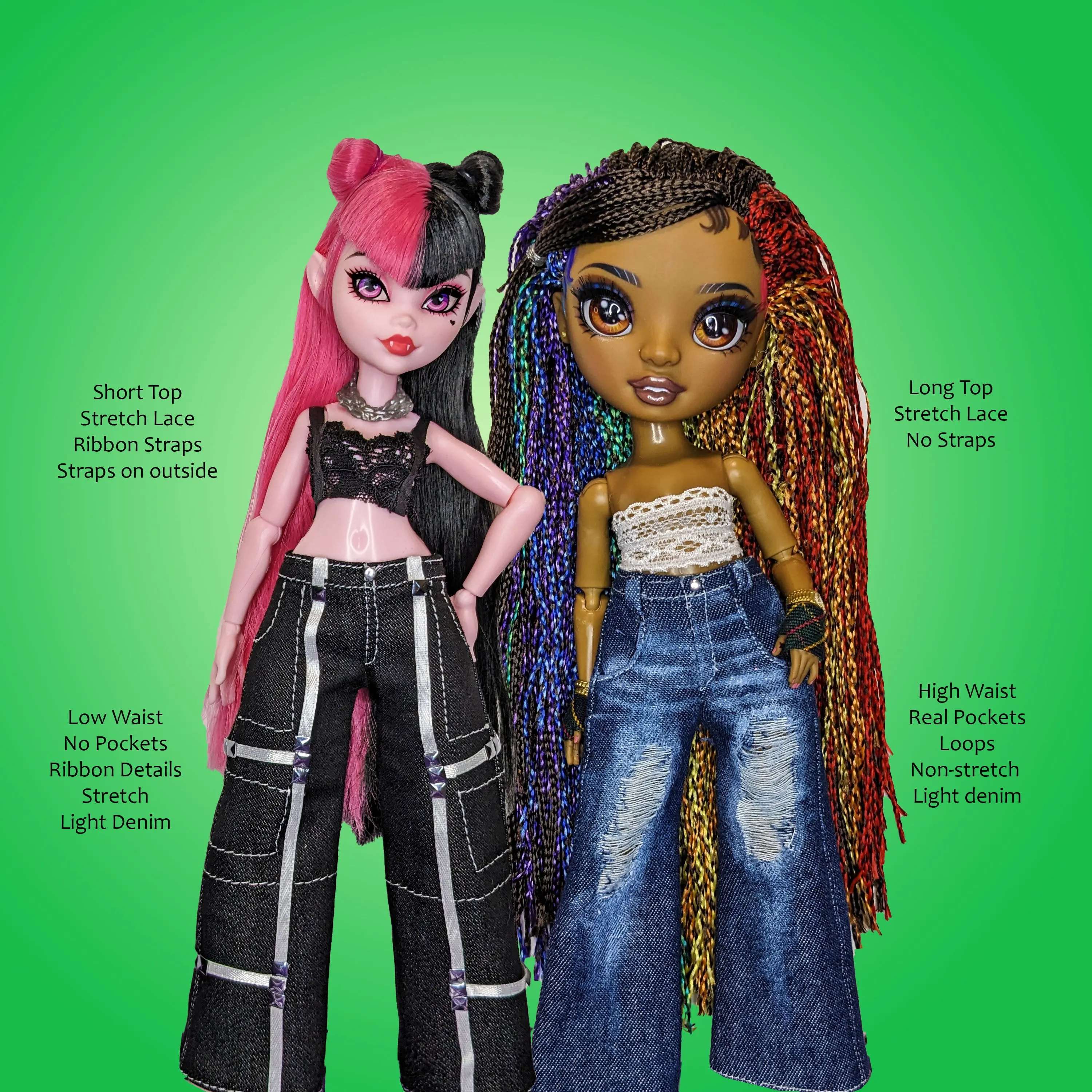 PS Rave! 10.5" Fashion Doll - Crop top camisole and wide leg flare jeans or pants - Downloadable RAD Doll Clothes PDF Sewing Pattern