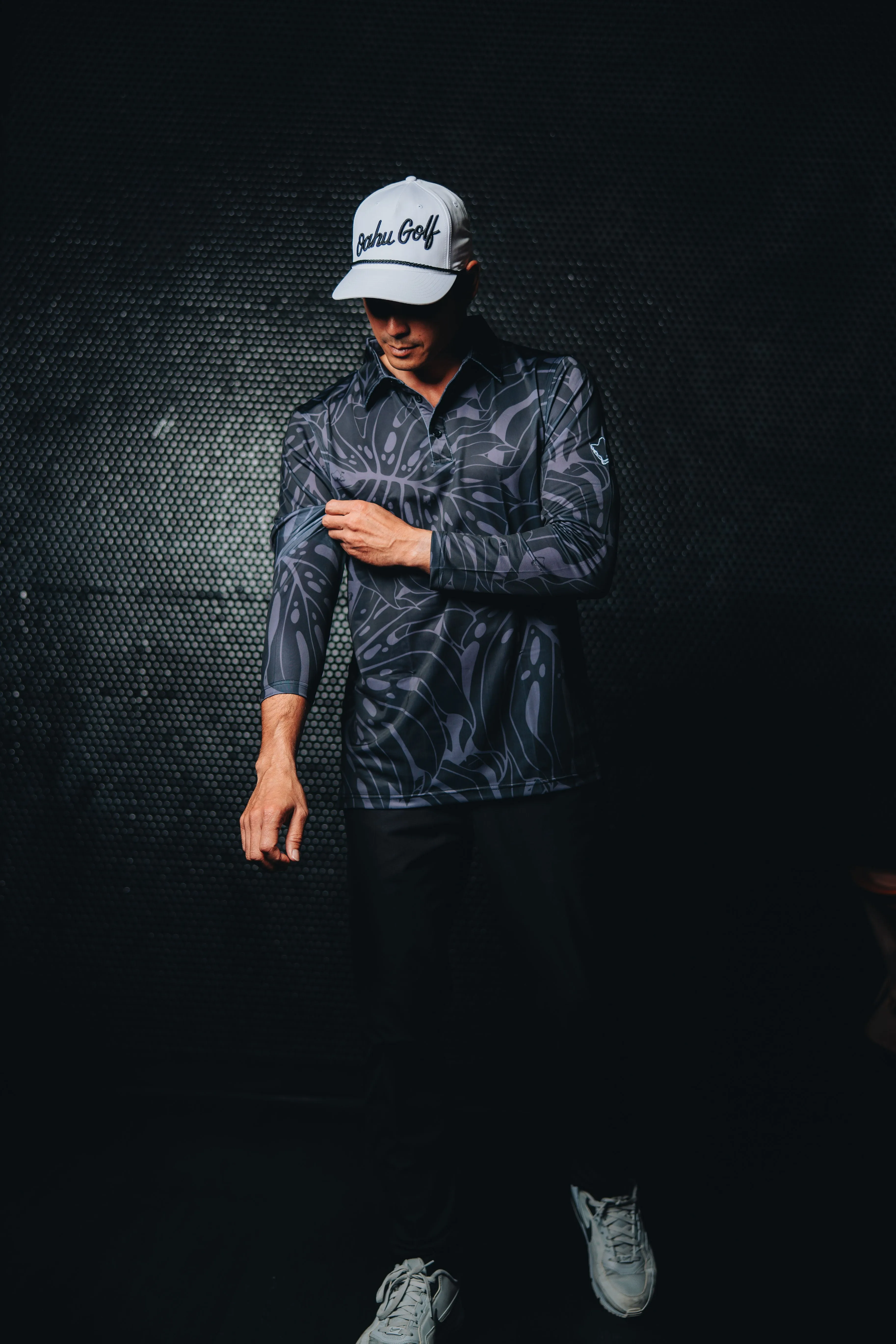 "Monstera 2.0" Obsidian Black - OGA Men's Long Sleeve Polo - Black