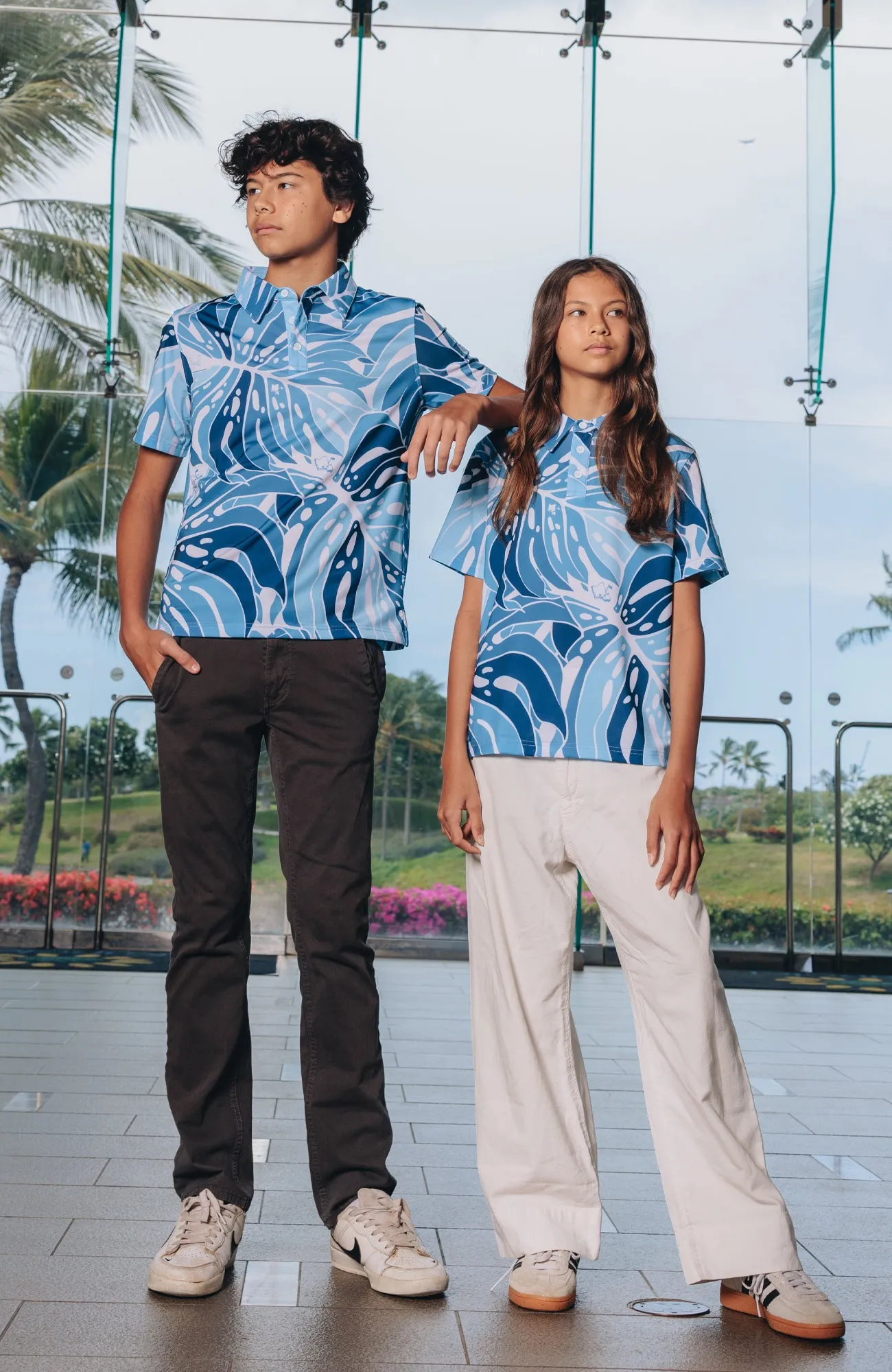 "Monstera 2.0" Variegated Slate - OGA Youth Polo - Slate Blues