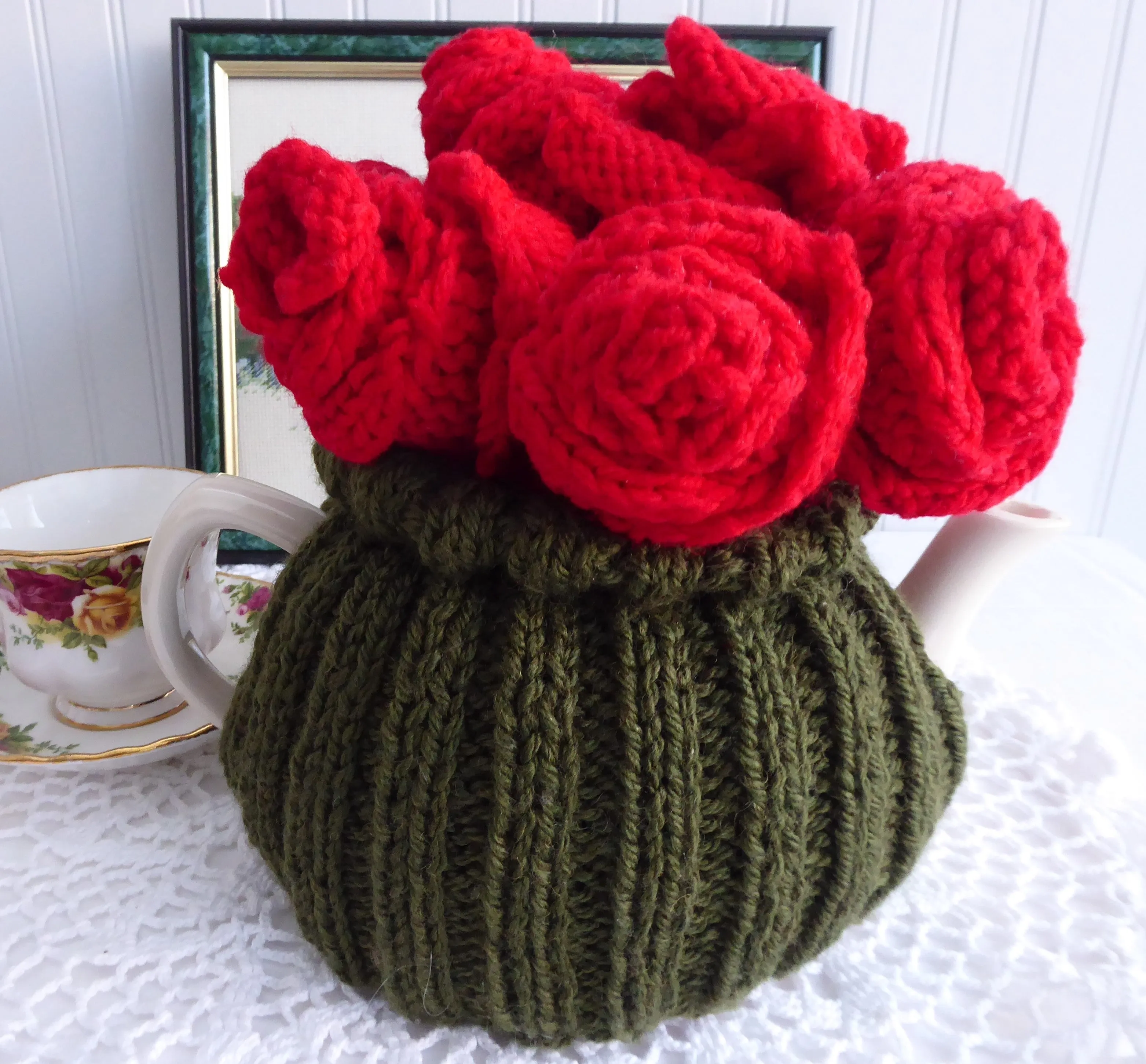 Red Roses Bouquet Knit Tea Cozy Hand Knitted Cosy Medium Stretchy US Artisan