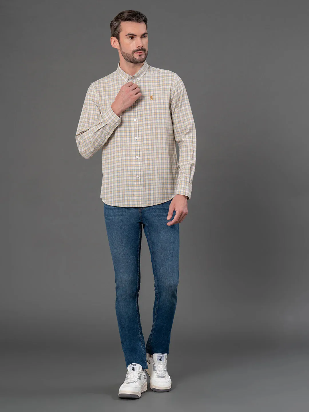 RedTape Light Khaki Checked Shirt for Men | Classic & Versatile