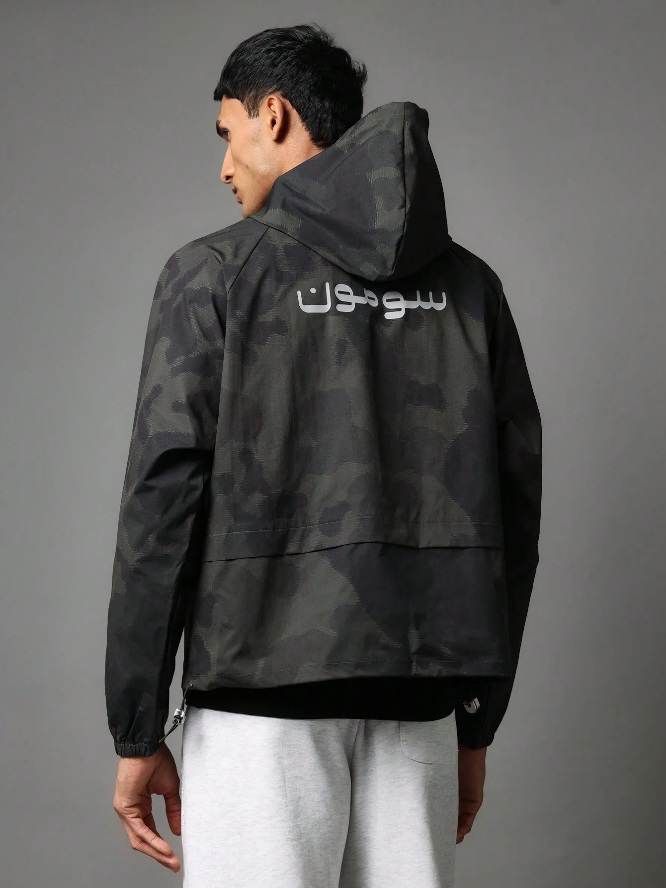 Regular Fit Overhead Nylon Hoodie With Reflective Arabic Graphic Print