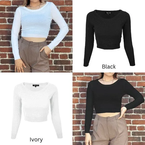 Round Neck Long Slv Crop Sweater Knit Crop Top