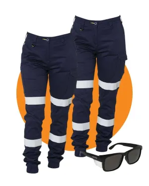 Tradies Womens Taped Cotton Cargo Cuffed Pants Value Pack - Navy