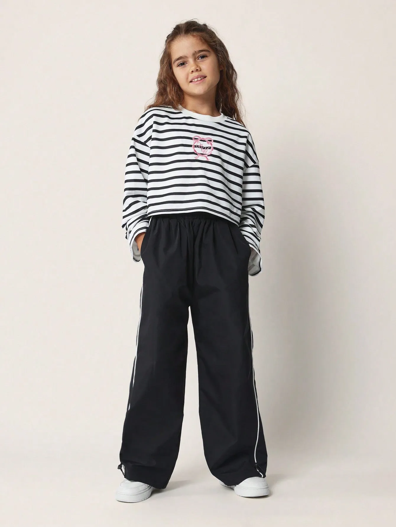 Tween Girls Comfy Stripe Boxy Fit Long Sleeve Tee With Pink Embroidery