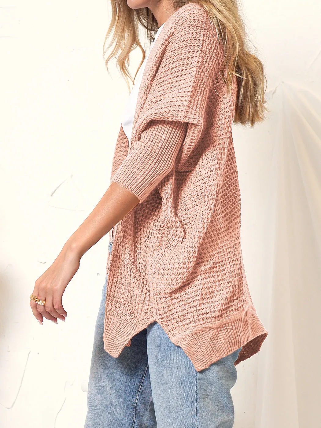 Waffle Knit Open Front Cardigan Sweater