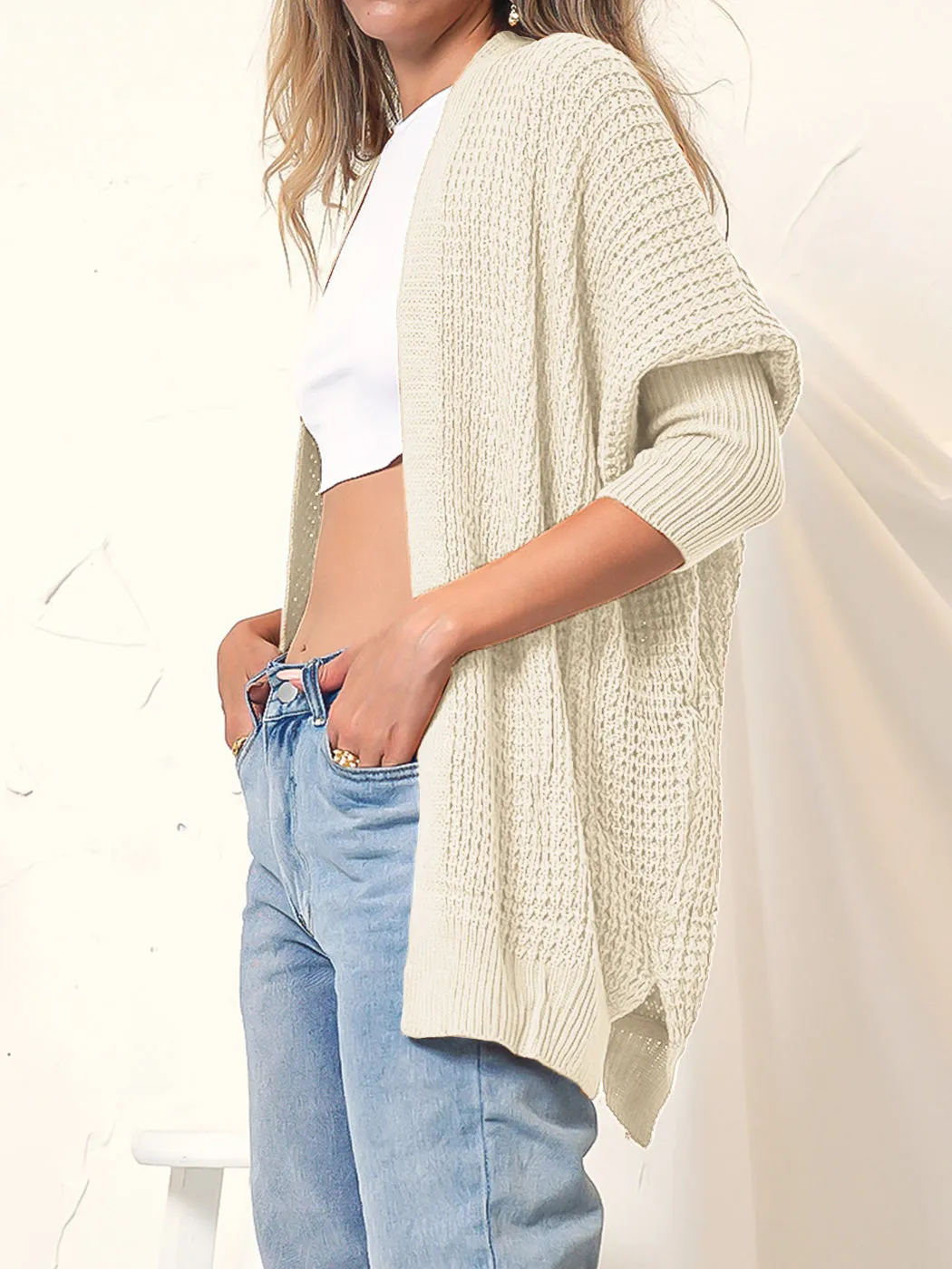 Waffle Knit Open Front Cardigan Sweater