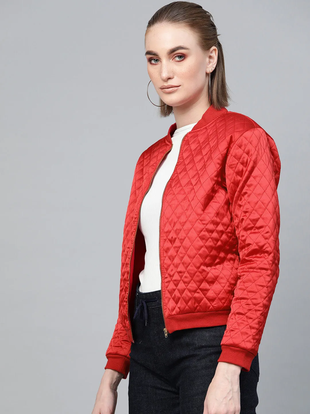 Women Red Quilting Bomber Jacket