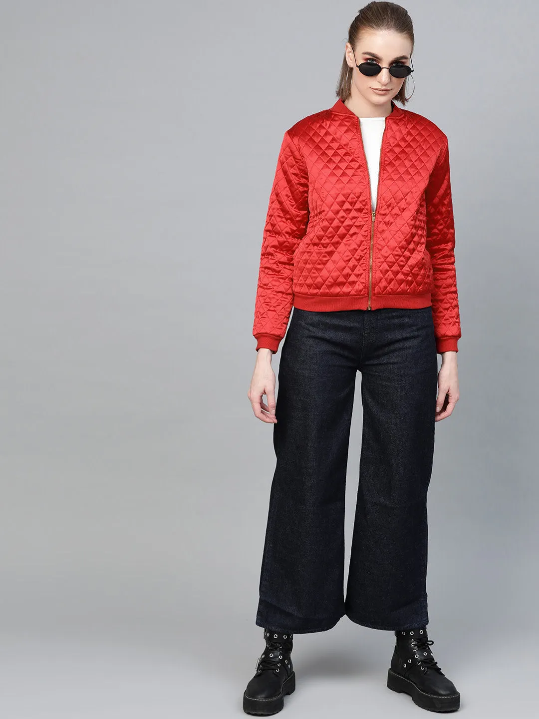 Women Red Quilting Bomber Jacket