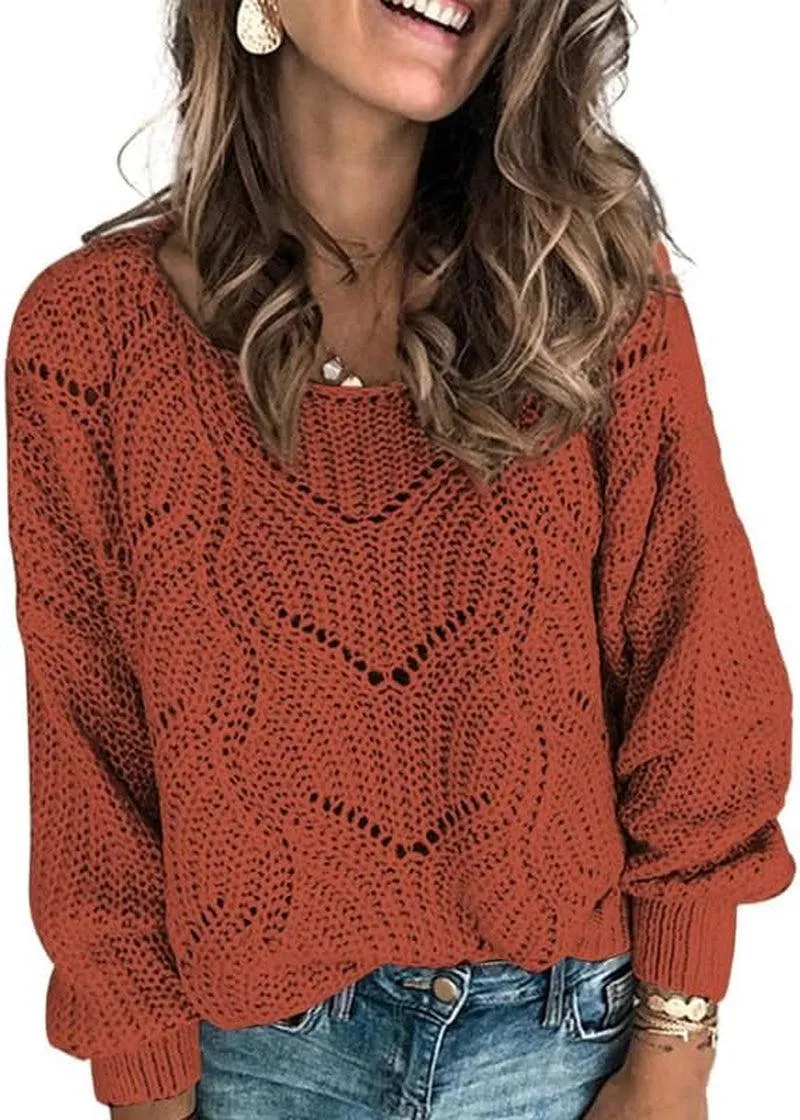 Womens Sweaters 2024 Cute Elegant Soft Crewneck Long Sleeve Hollow Cable Knit Pullover Tops