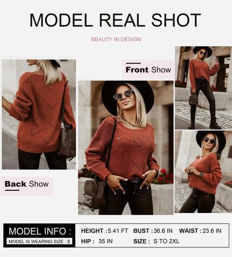 Womens Sweaters 2024 Cute Elegant Soft Crewneck Long Sleeve Hollow Cable Knit Pullover Tops